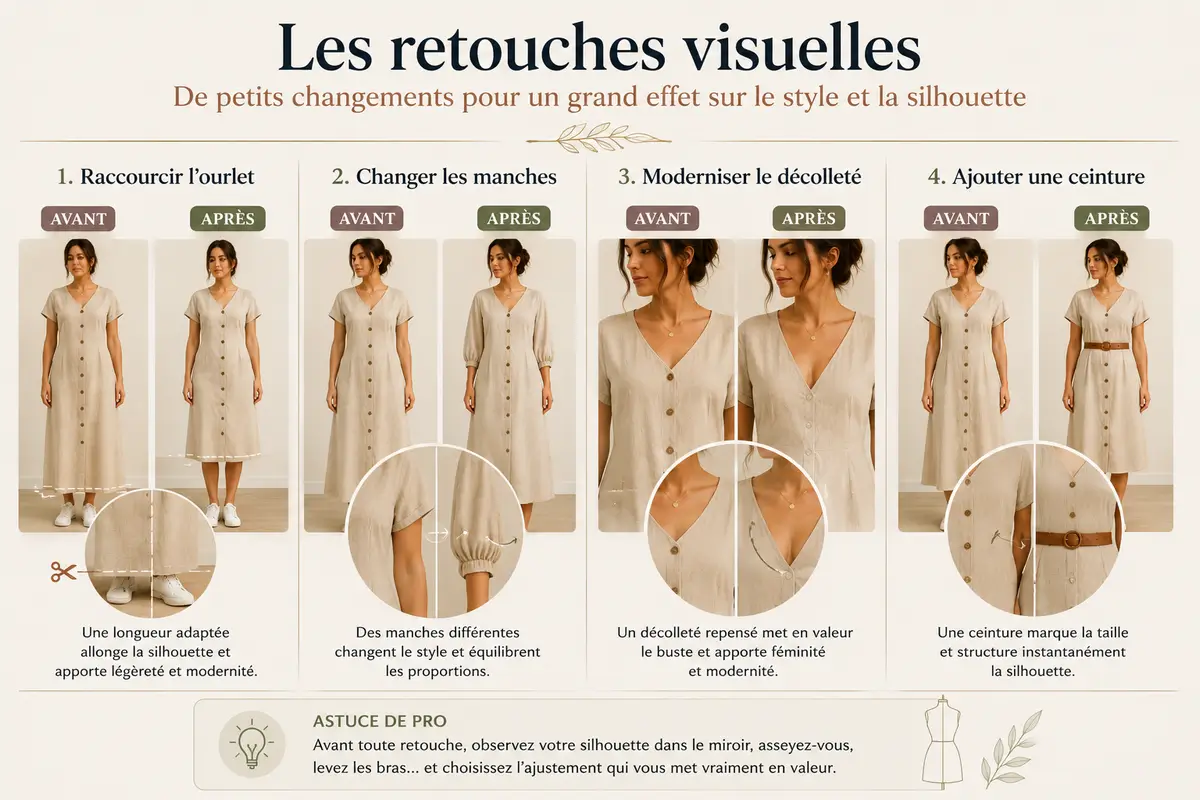 Infographie couture montrant les retouches visuelles d’une robe avec ourlet raccourci, manches modifiées, décolleté modernisé et ceinture ajoutée