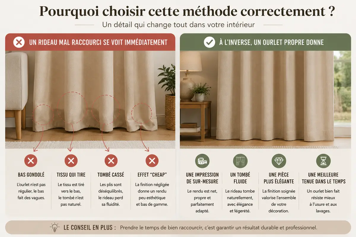 Comparaison entre un rideau mal raccourci avec bas gondolé et un rideau avec ourlet propre, tombé fluide et finition élégante