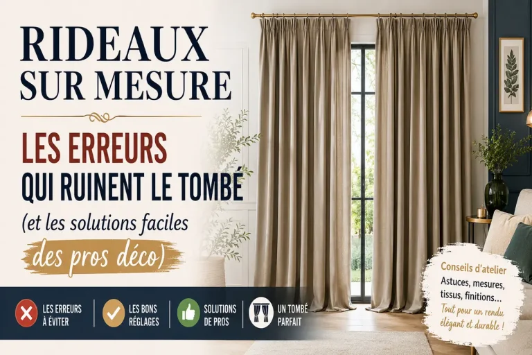 Rideaux sur mesure beige dans un salon élégant avec conseils déco pour éviter les erreurs de tombé