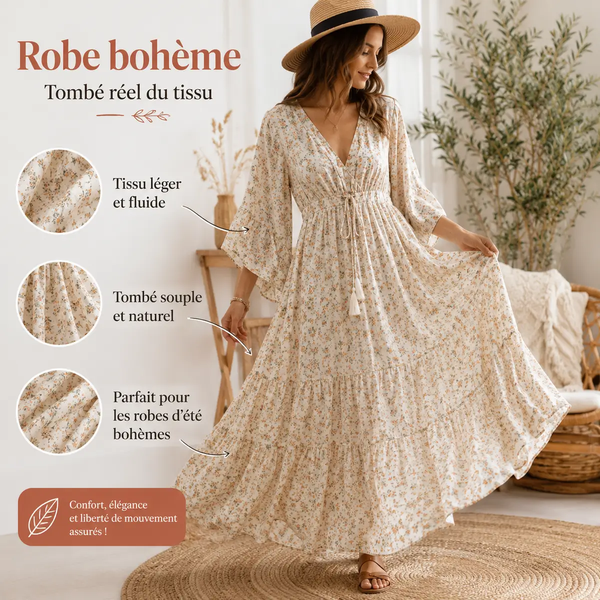 Robe bohème d’été montrant le tombé réel d’un tissu léger et fluide