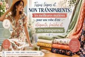 Femme en robe d’été fleurie avec tissus légers non transparents pour couture estivale confortable et respirante