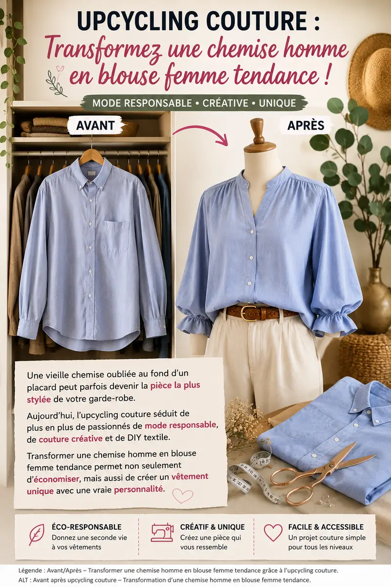 Transformation couture upcycling d’une chemise homme en blouse femme tendance