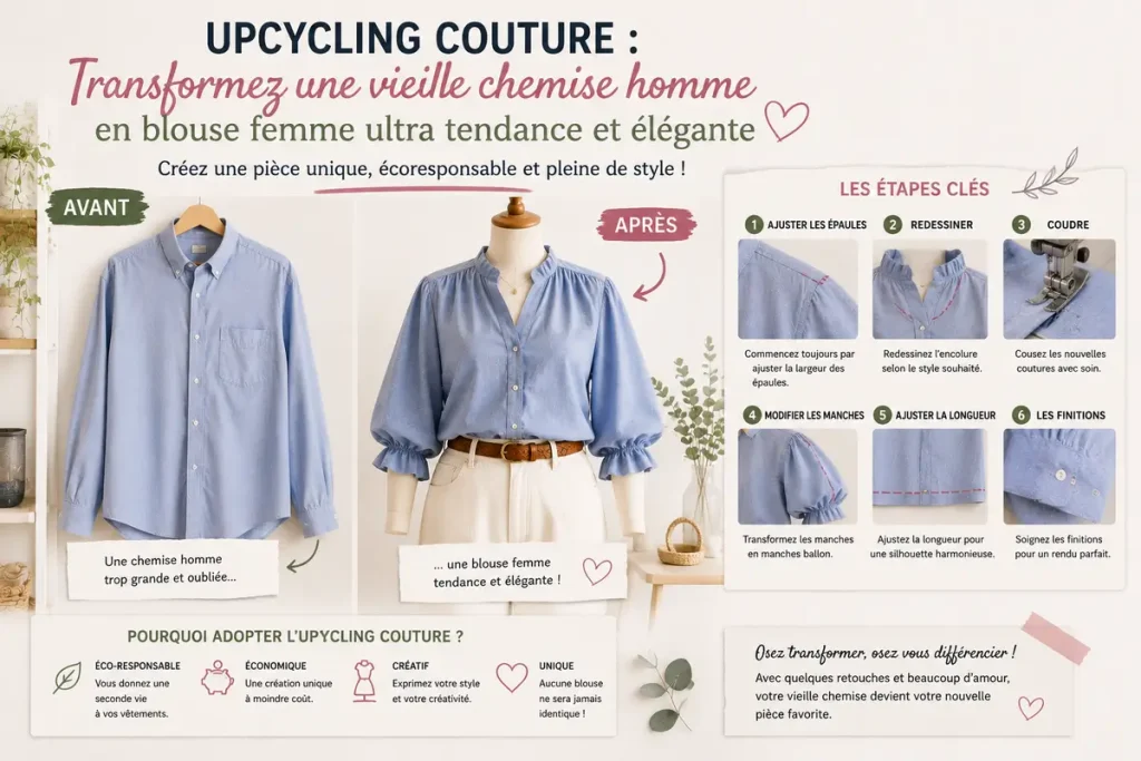 Bannière hero couture upcycling montrant une chemise homme transformée en blouse femme élégante et moderne