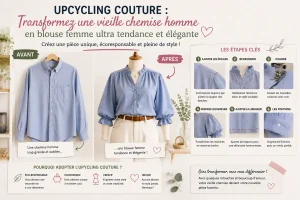 Bannière hero couture upcycling montrant une chemise homme transformée en blouse femme élégante et moderne