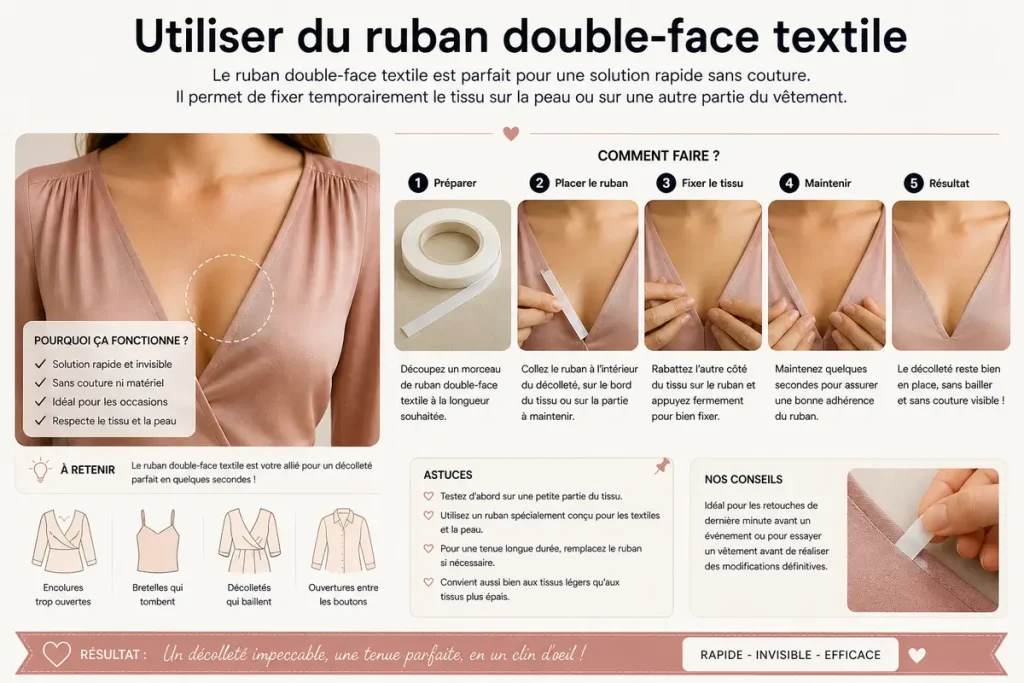 Tutoriel couture montrant comment utiliser du ruban double-face textile pour empêcher un décolleté de bailler sans couture