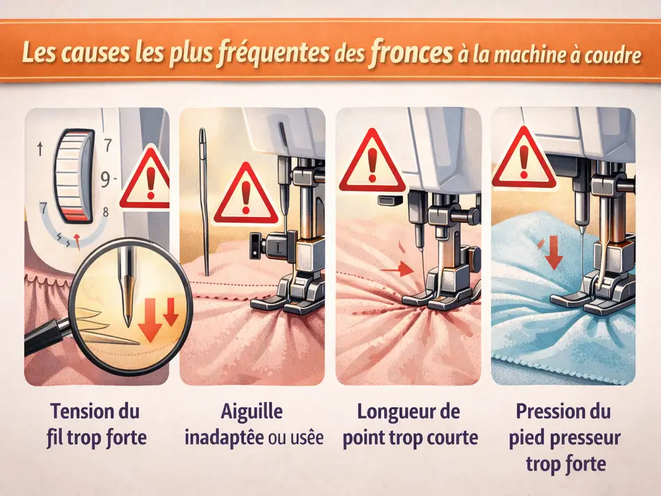Éviter les fronces à la machine à coudre : comprendre et résoudre le tissu qui plisse sous la machine 2 Les causes des fronces à la machine à coudre : tension du fil trop forte, aiguille inadaptée, point trop court et pression du pied presseur excessive