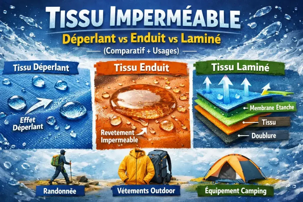 Comparatif tissu imperméable déperlant vs enduit vs laminé avec schéma explicatif des différences et usages outdoor, vêtements et camping.