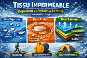 Comparatif tissu imperméable déperlant vs enduit vs laminé avec schéma explicatif des différences et usages outdoor, vêtements et camping.
