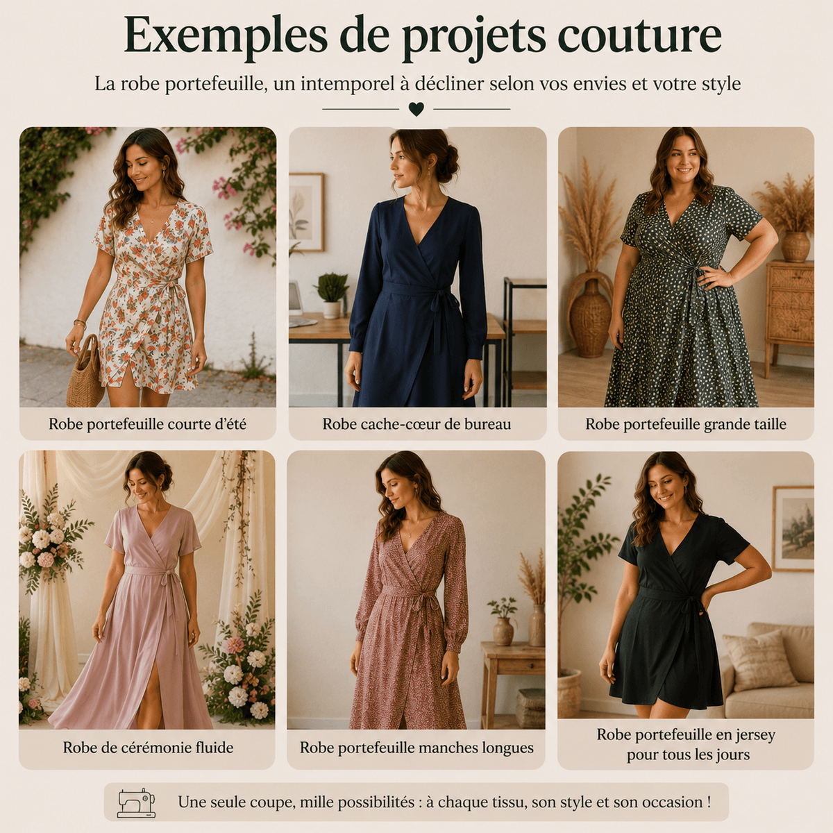 Montage présentant différents modèles de robes portefeuille : robe d’été courte, robe cache-cœur de bureau, robe portefeuille grande taille, robe de cérémonie fluide, robe manches longues et robe en jersey confortable.