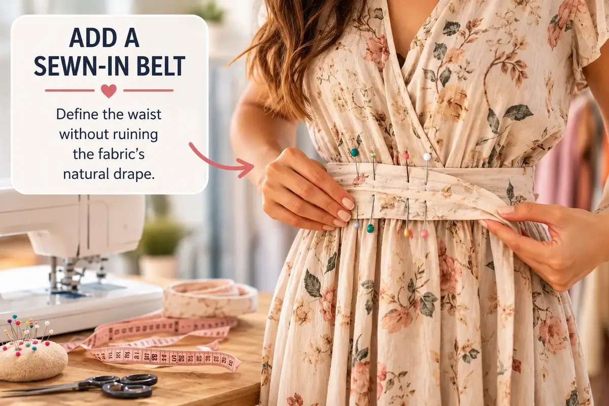 Positioning a fabric belt on a loose dress before sewing