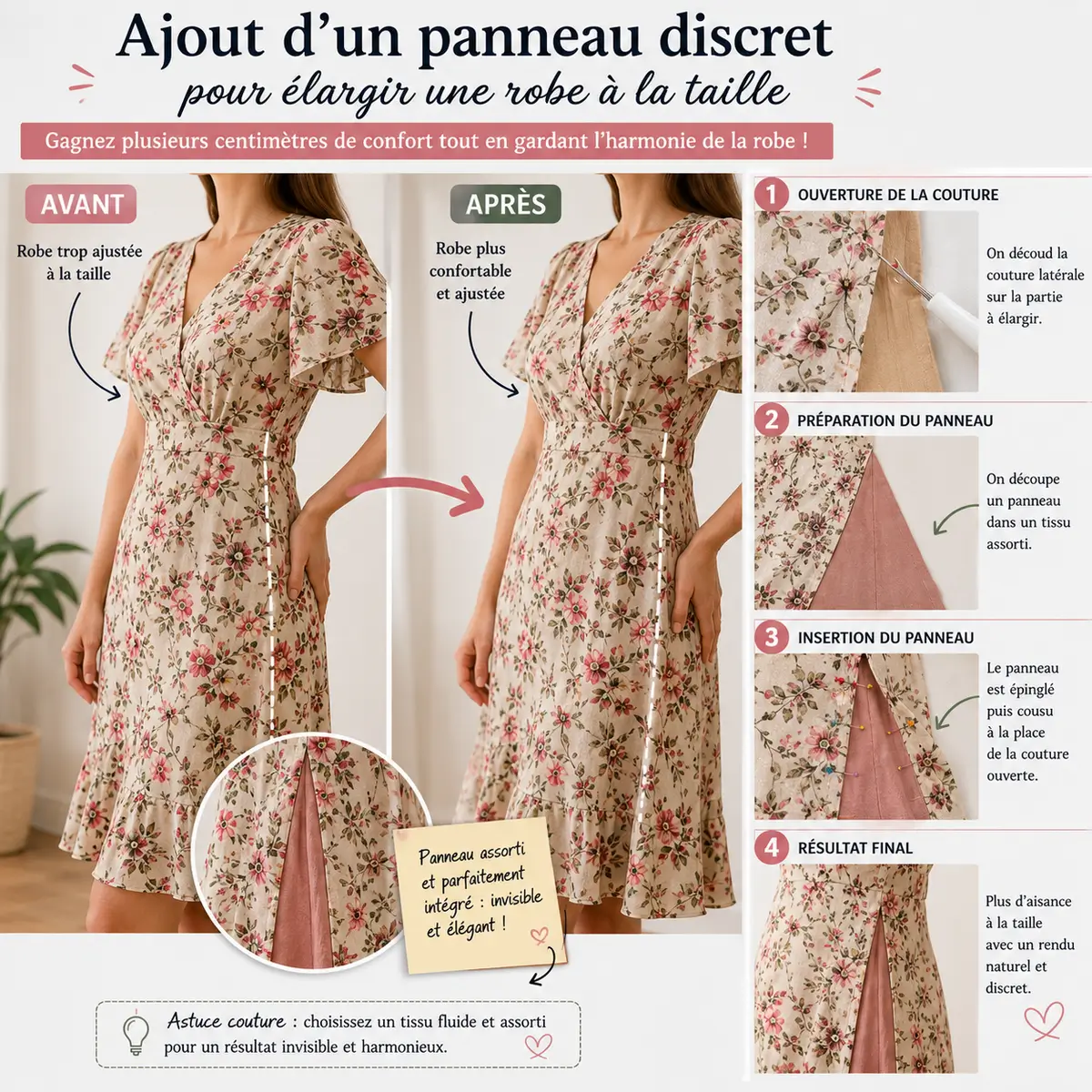 Ajout d'un panneau discret pour élargir une robe à la taille