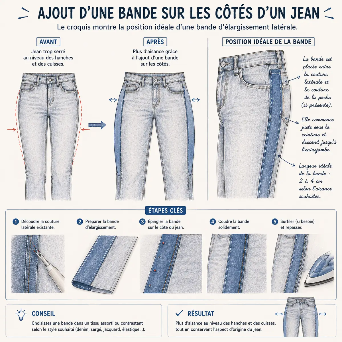 Croquis montrant l'ajout d'une bande sur les côtés d'un jean