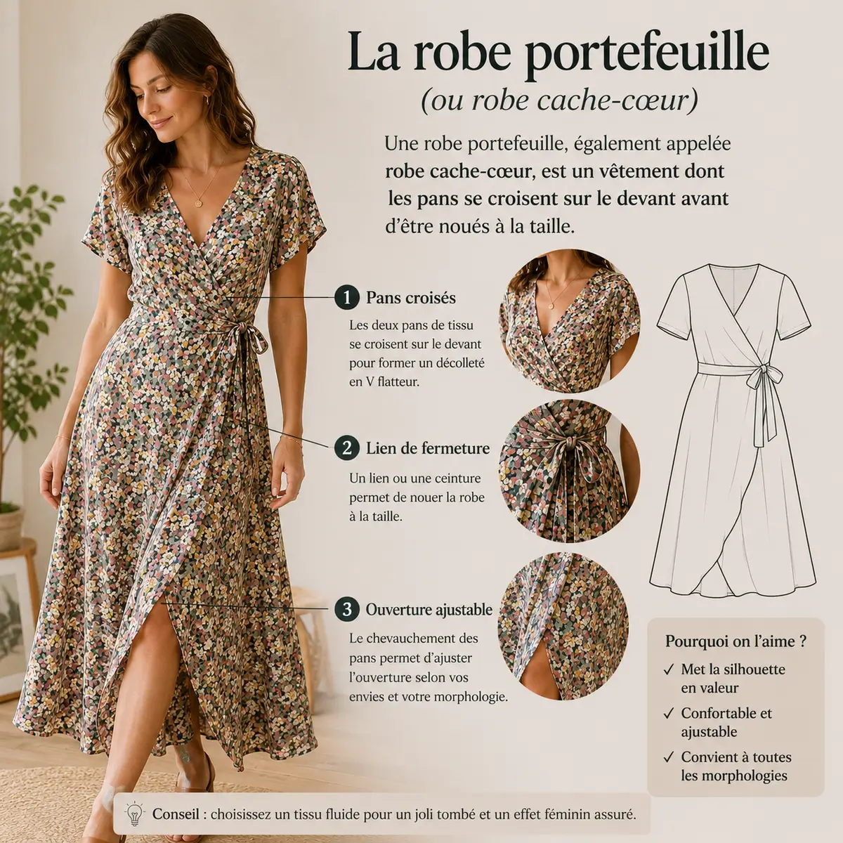 Illustration d'une robe portefeuille en tissu fluide montrant les pans croisés sur le devant, la ceinture nouée à la taille et le décolleté en V caractéristique de la robe cache-cœur.