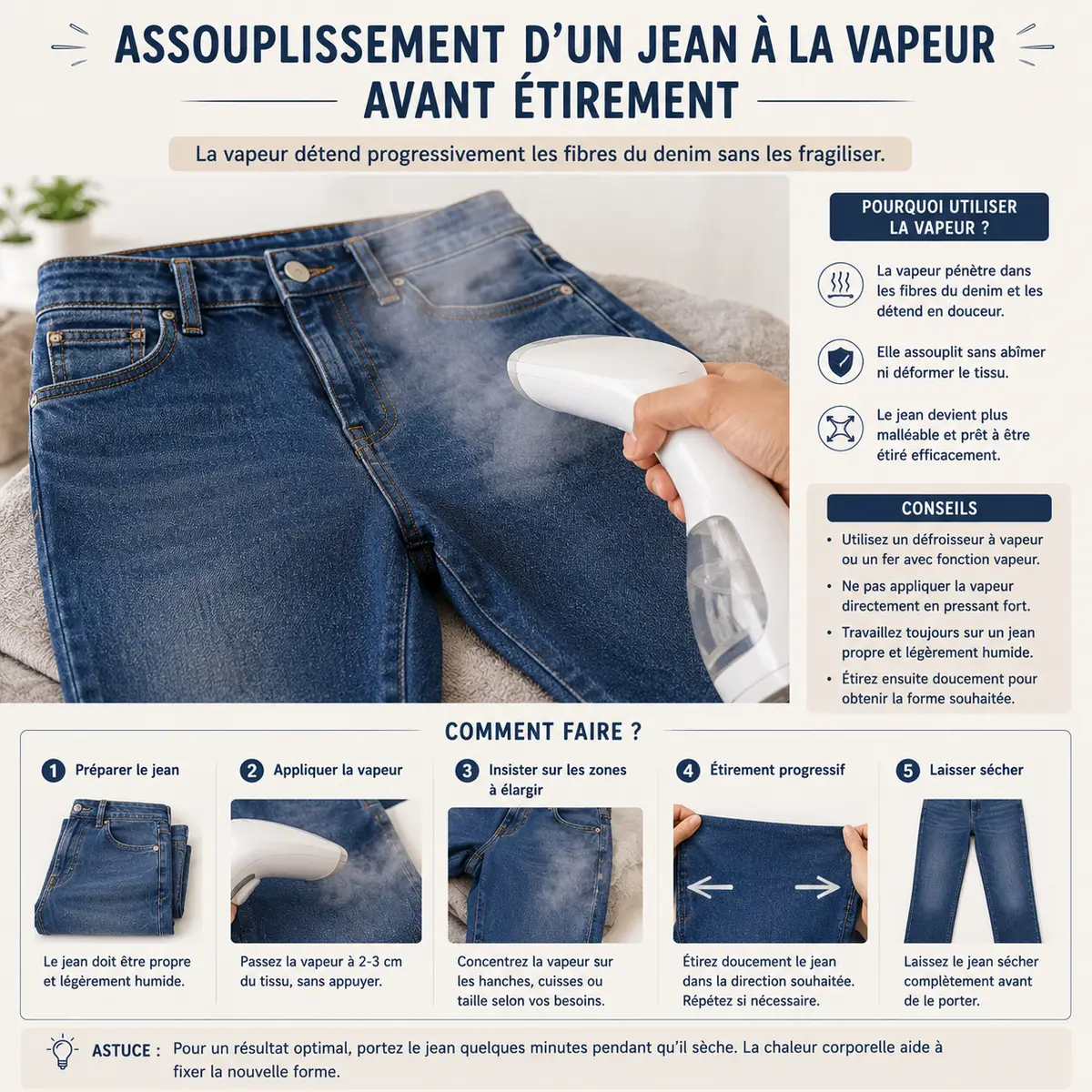 Assouplissement d'un jean à la vapeur avant étirement