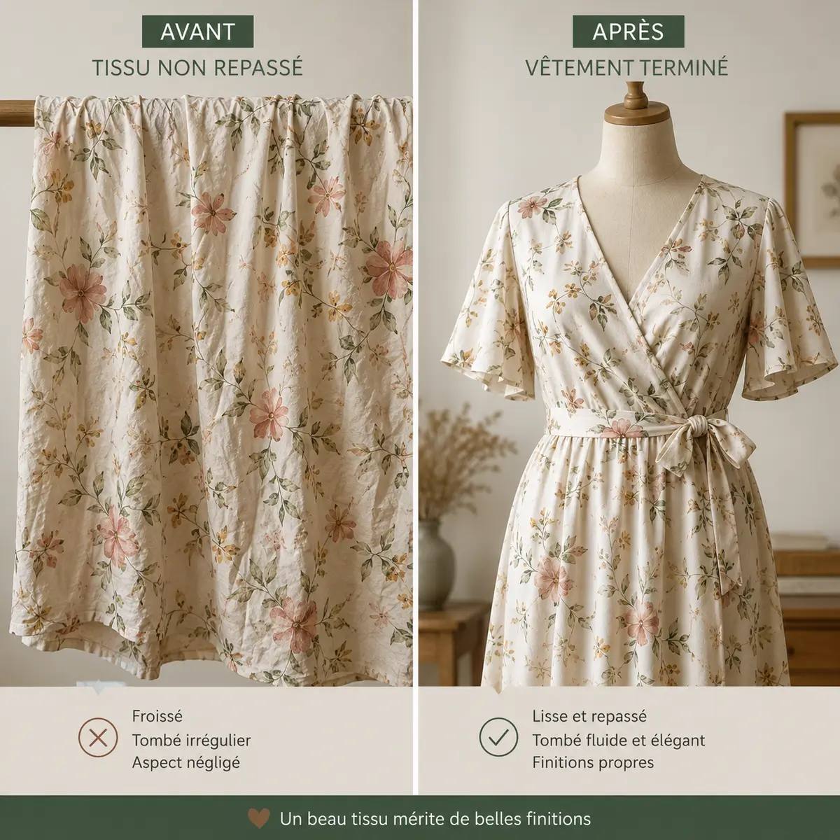 Tissu viscose : le guide complet pour bien le choisir, le coudre et l’entretenir 11 Avant après couture viscose montrant le tombé fluide d’une robe et les finitions propres