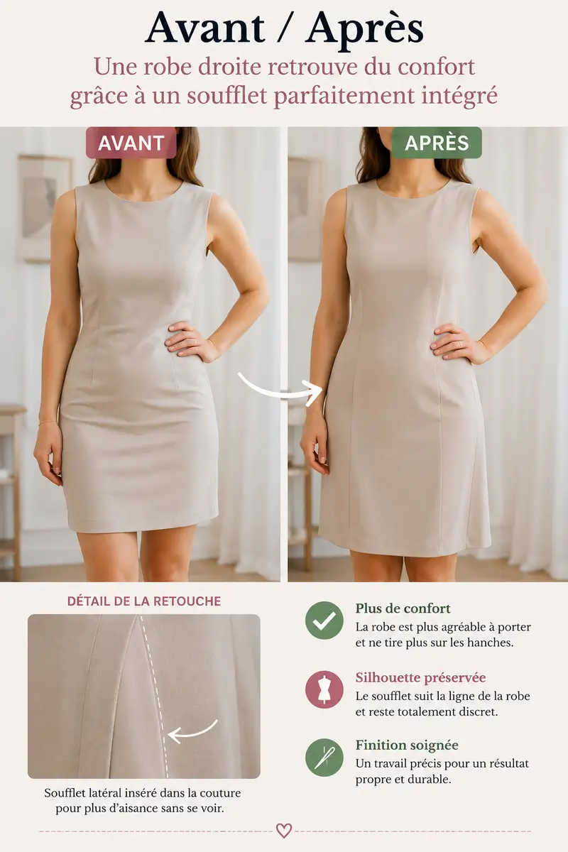 Avant après d'une robe droite élargie grâce à un soufflet latéral invisible