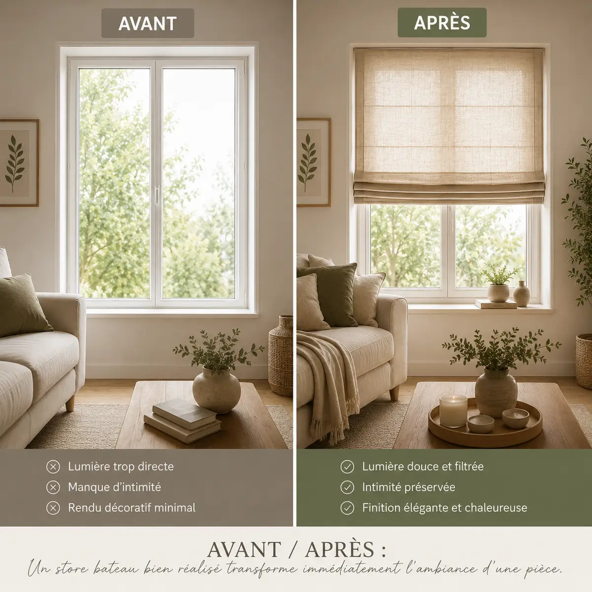 Store bateau : le guide complet pour le coudre facilement et obtenir un résultat digne d’un décorateur 12 Avant après installation d'un store bateau sur une fenêtre de salon