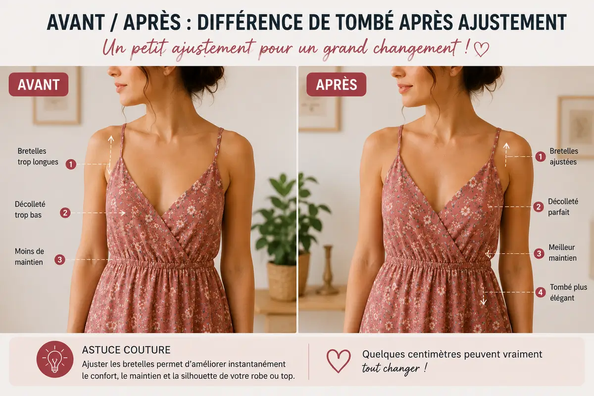 Avant après ajustement des bretelles sur une robe