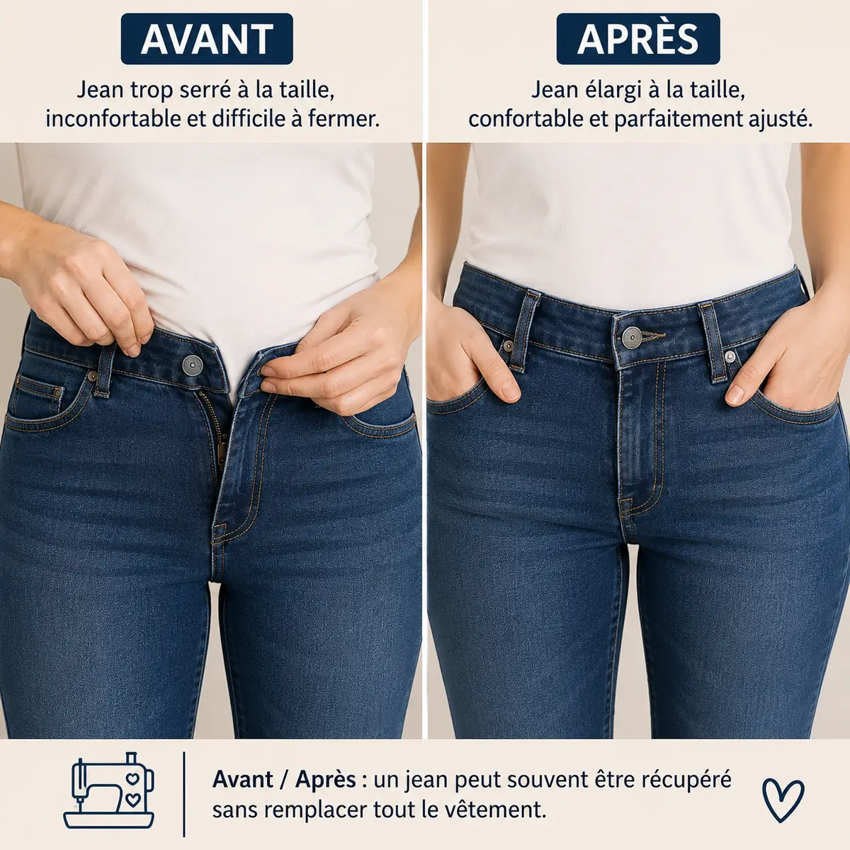 Avant après modification d'un jean devenu trop serré à la taille