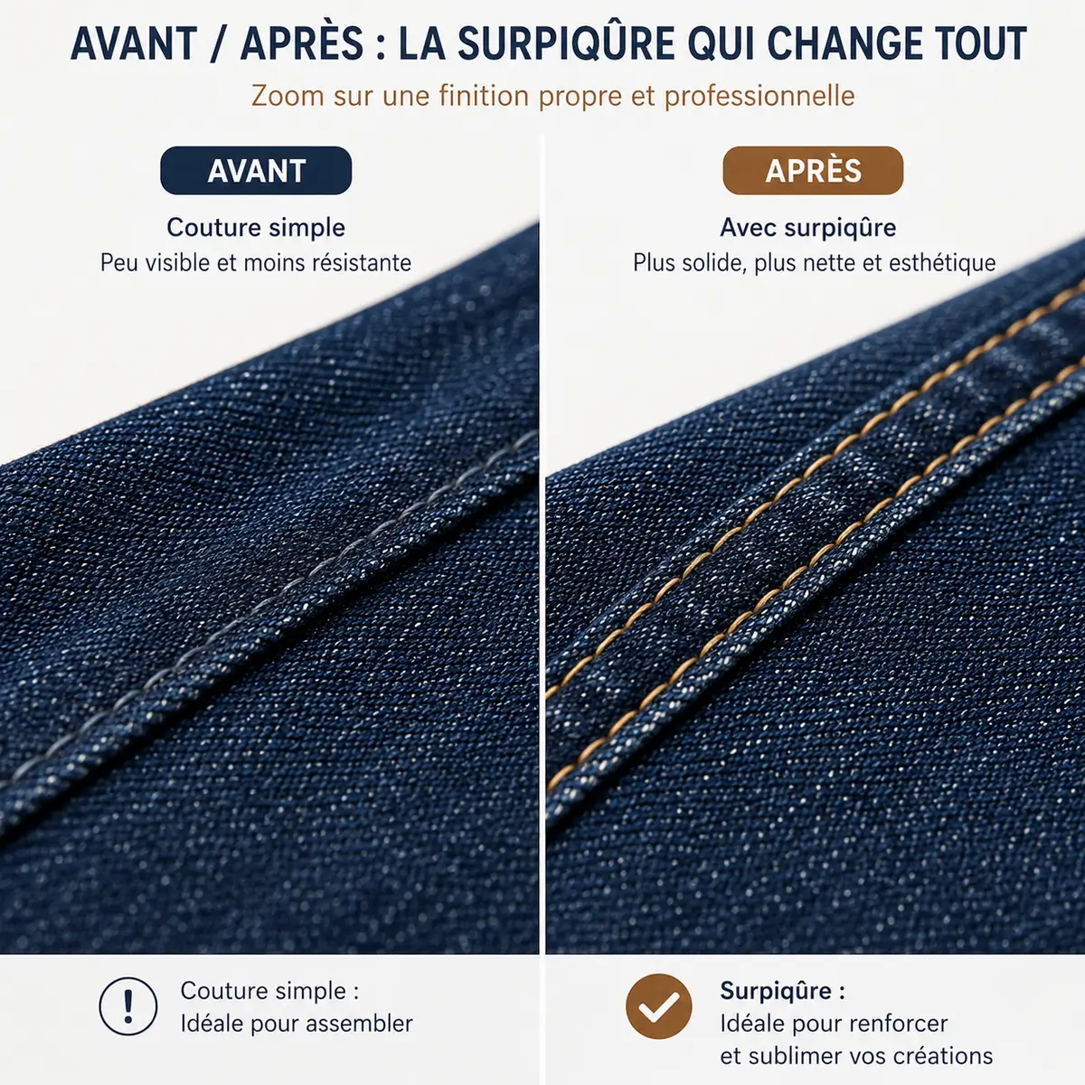 Avant après surpiqûre tissu jean denim pour finition couture propre