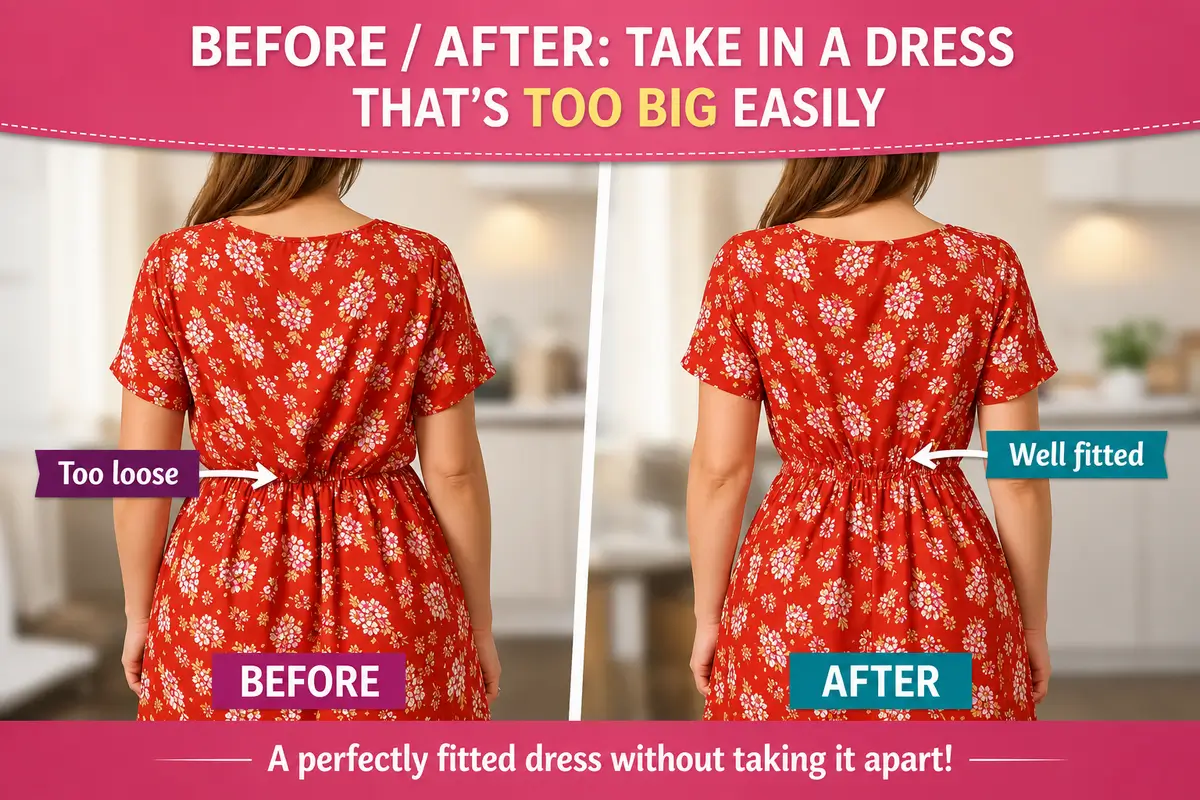 Before and after of a dress taken in at the waist without taking the whole garment apart