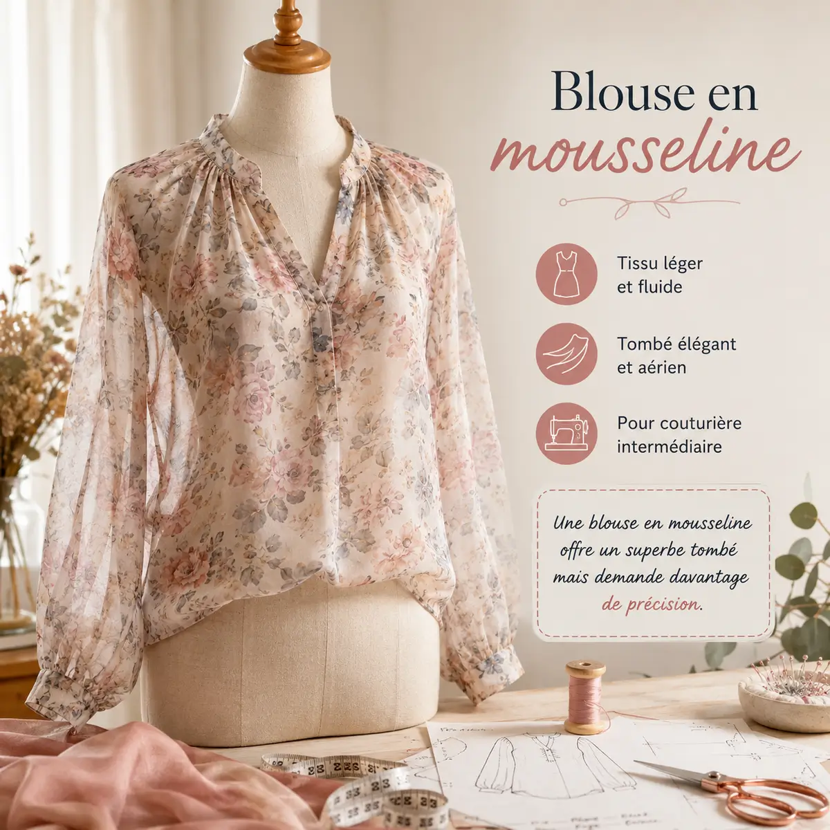 Quels tissus éviter quand on commence la couture ? 7 Blouse légère réalisée dans une mousseline fluide pour couturière intermédiaire
