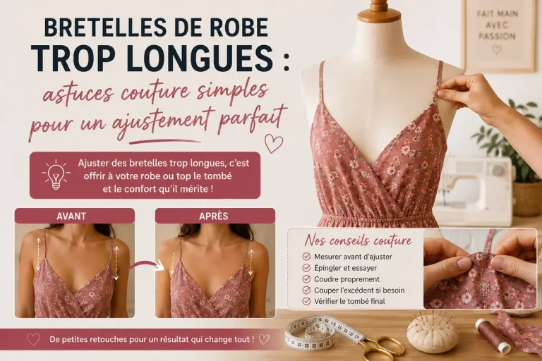 Tutoriel couture pour ajuster des bretelles de robe trop longues avec épingles, avant/après et conseils de retouche facile