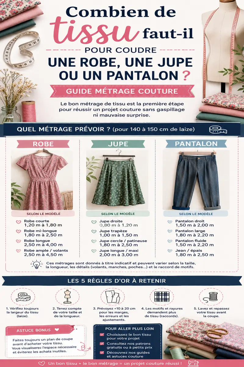 Combien de tissu faut-il pour coudre une robe, une jupe ou un pantalon ? 2 Combien de tissu faut-il pour coudre une robe une jupe ou un pantalon guide métrage couture