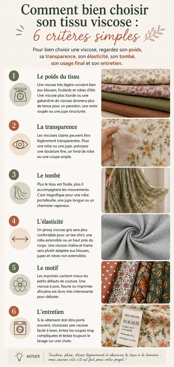 Tissu viscose : le guide complet pour bien le choisir, le coudre et l’entretenir 4 Infographie expliquant les six critères pour choisir un tissu viscose : poids, transparence, tombé, élasticité, motif et entretien