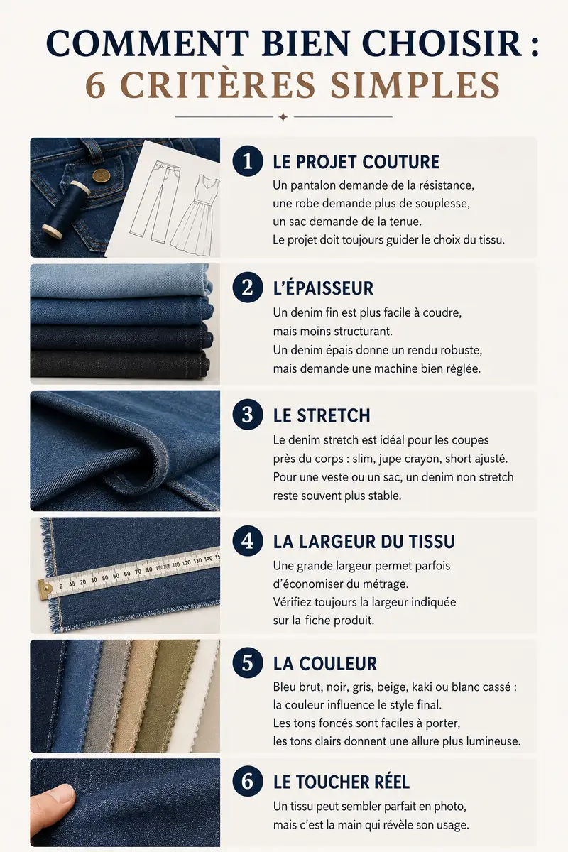 Infographie expliquant les critères pour choisir un tissu jean denim selon le projet couture