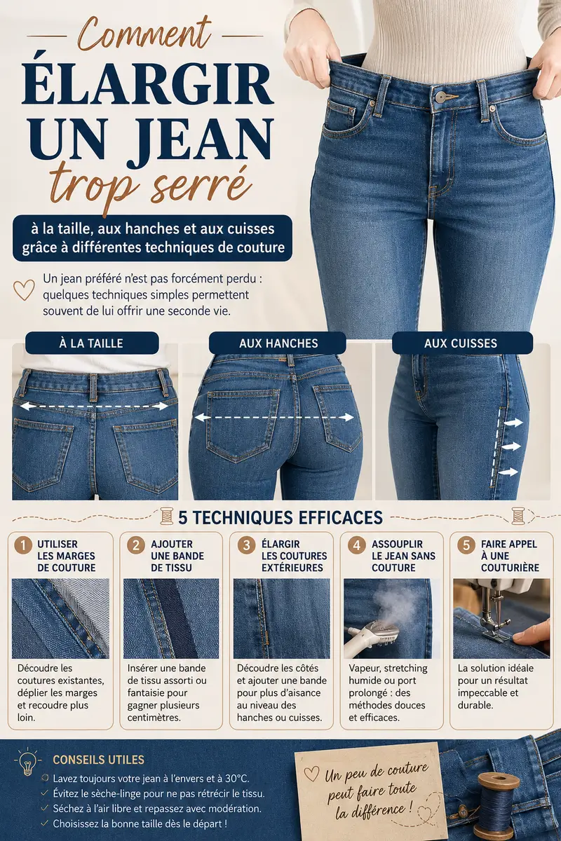 Comment élargir un jean trop serré à la taille, aux hanches et aux cuisses grâce à différentes techniques de couture