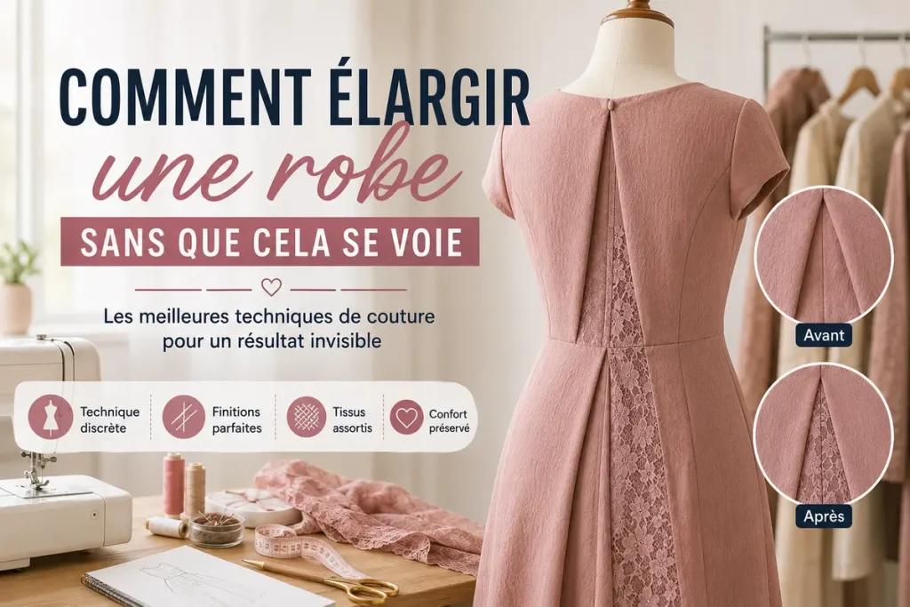 Image hero montrant une robe rose retouchée avec un panneau discret au dos pour expliquer comment élargir une robe sans que la couture se voie.