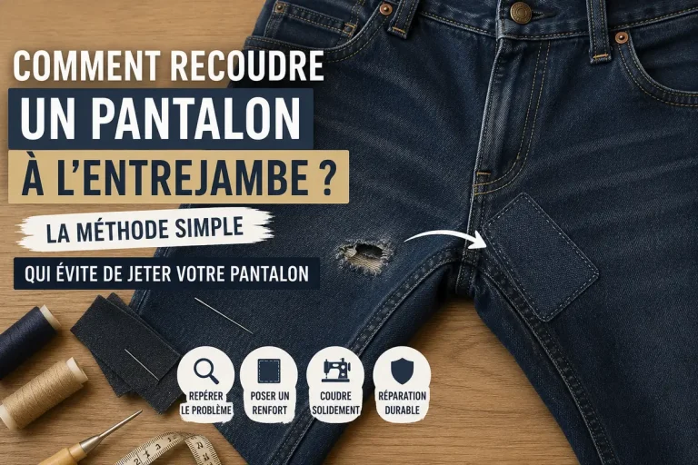 Tutoriel couture pour recoudre un pantalon à l’entrejambe avec jean troué, renfort cousu et étapes de réparation durable
