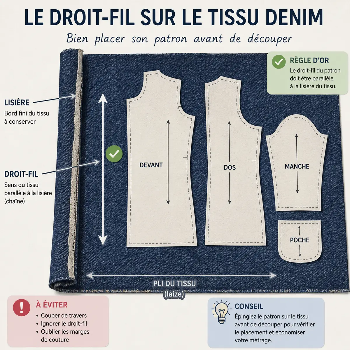 Croquis explicatif du droit fil sur tissu denim avant découpe couture