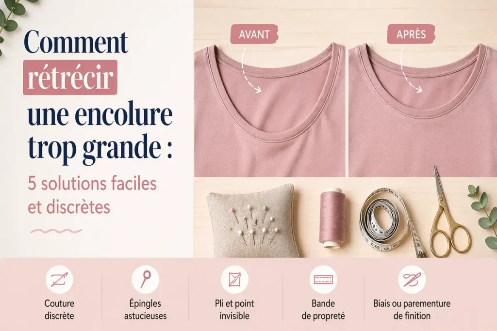 Illustration horizontale montrant comment rétrécir une encolure trop grande sur un t-shirt, avec aperçu avant après et solutions de couture discrètes