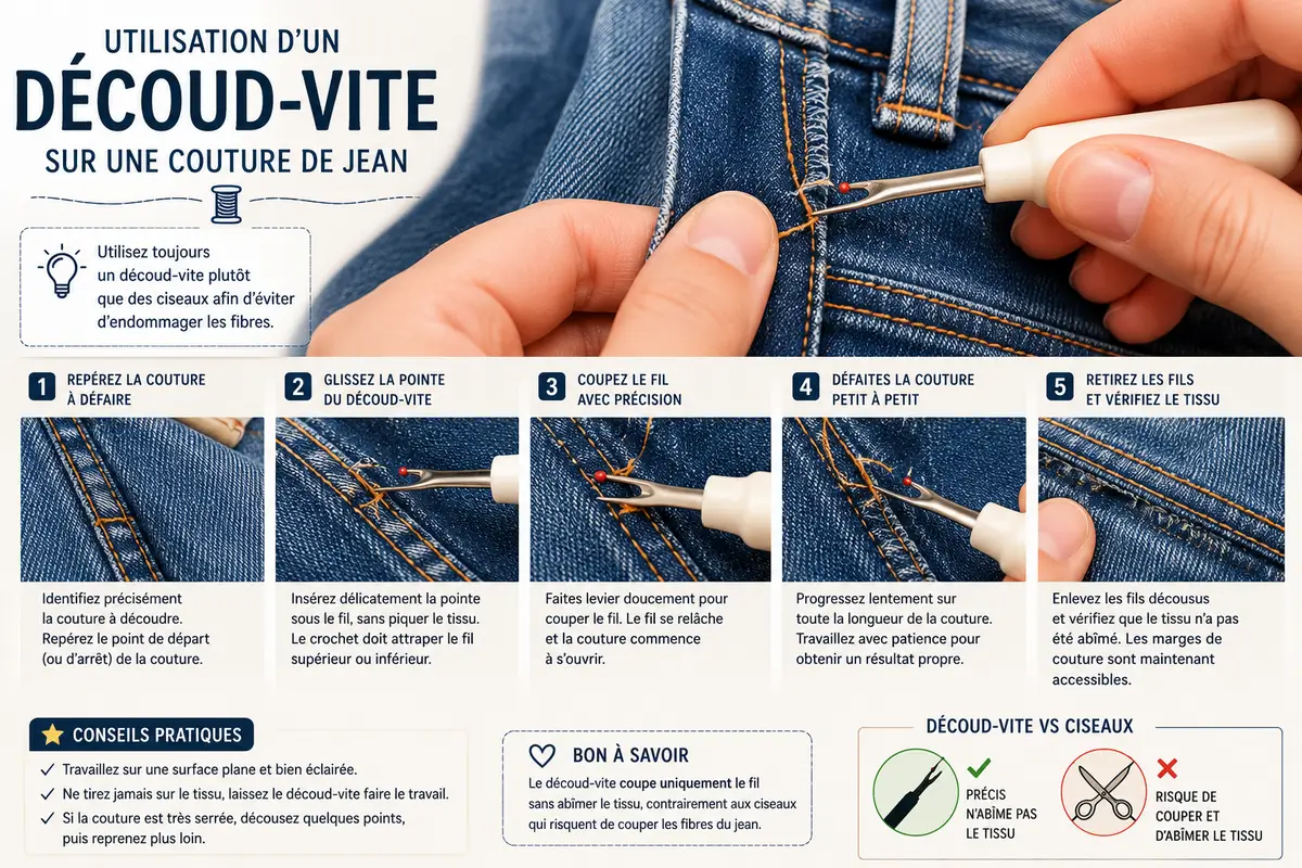 Utilisation d'un découd-vite sur une couture de jean