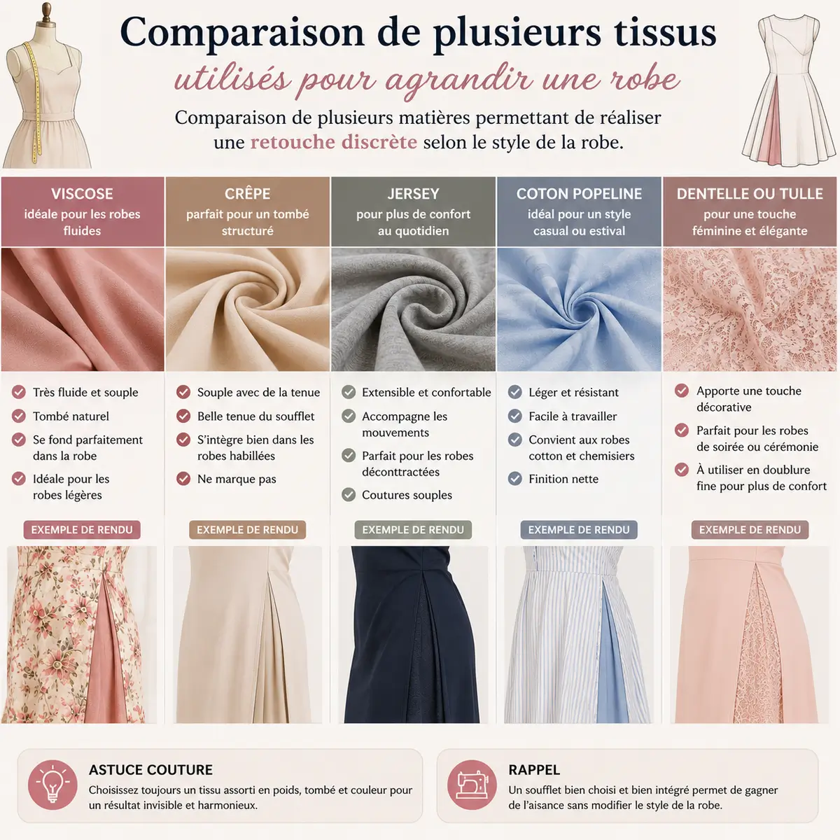 Comparaison de plusieurs tissus utilisés pour agrandir une robe