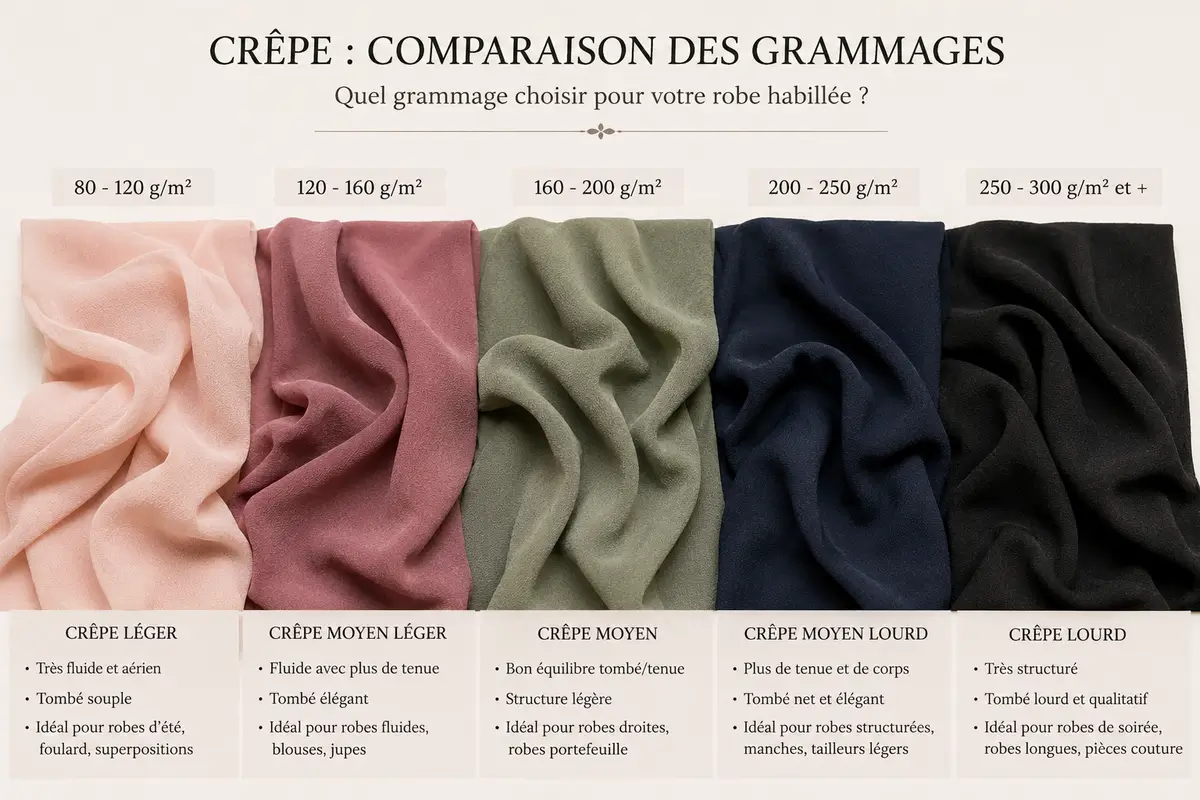 Comparaison de différents grammages de tissus crêpe pour robe habillée