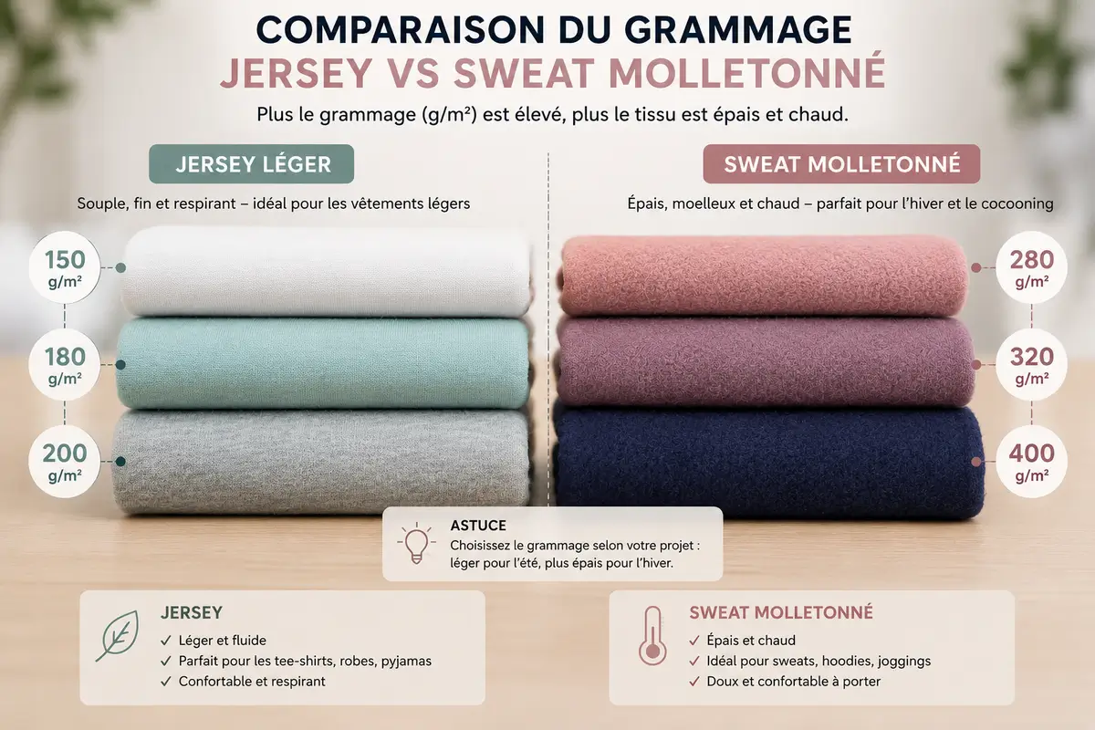 Comparaison du grammage entre jersey léger et tissu sweat molletonné