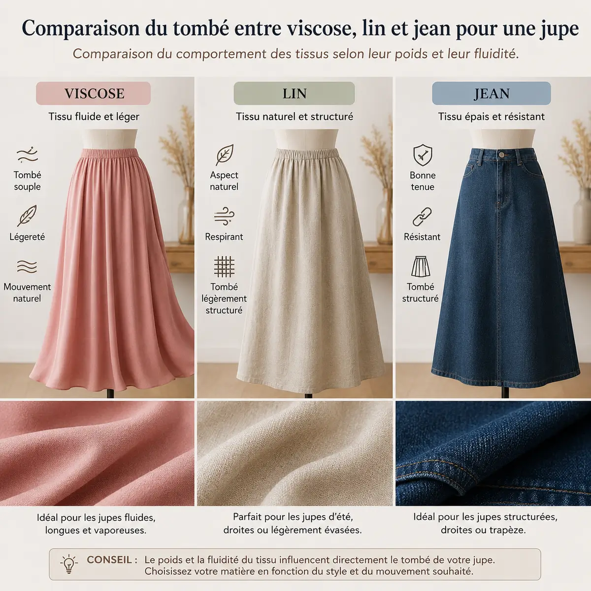 Quel tissu choisir pour une jupe ? Le guide complet pour trouver la matière idéale selon votre style 3 Comparaison du tombé entre viscose lin et jean pour choisir un tissu de jupe