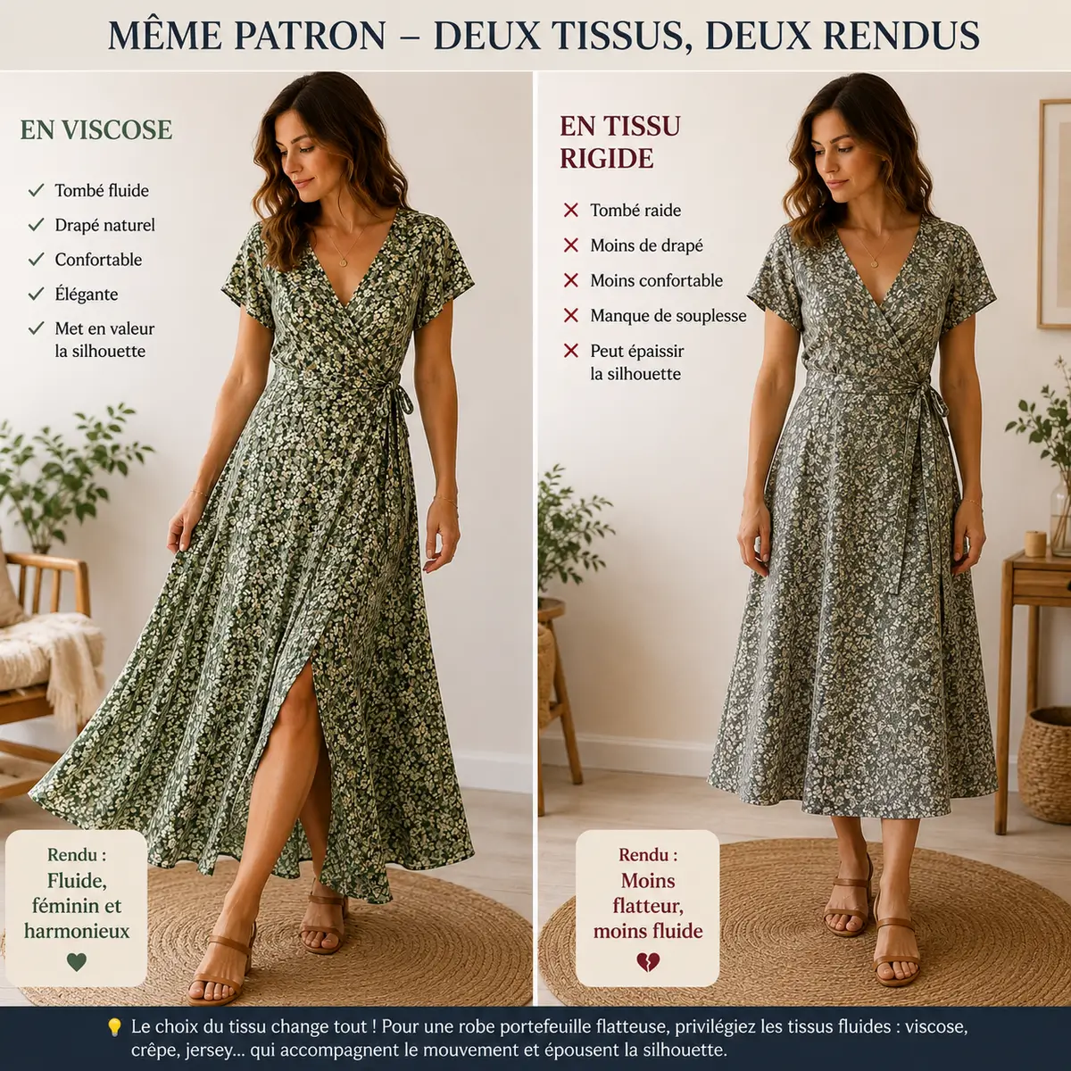 Comparaison du tombé d'une robe portefeuille réalisée dans une viscose fluide et dans un tissu rigide montrant les différences de drapé, confort et silhouette.