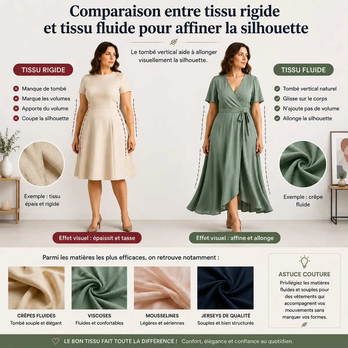 Comparaison entre tissu rigide et tissu fluide pour affiner la silhouette