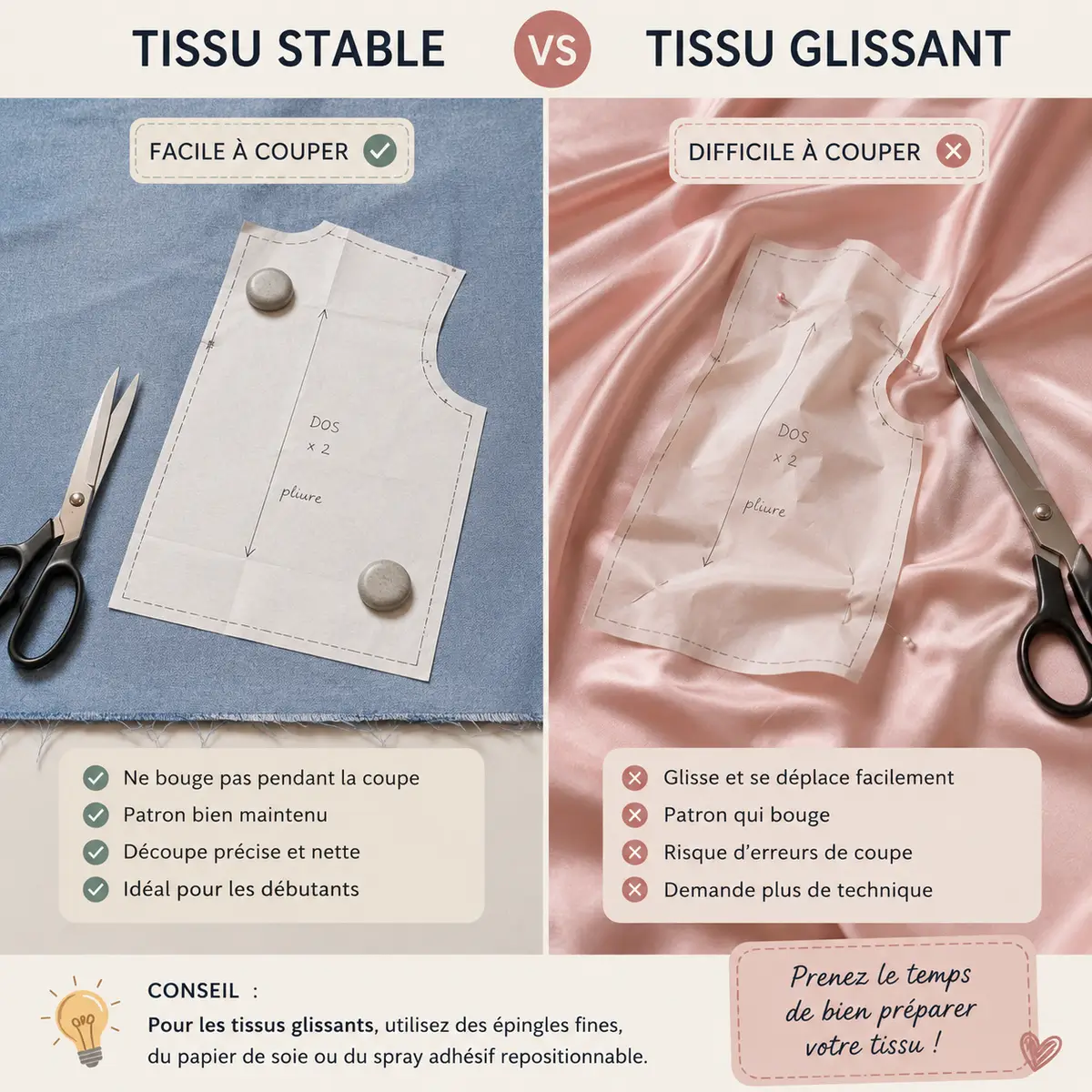 Quels tissus éviter quand on commence la couture ? 3 Comparaison entre tissu stable et tissu glissant pendant la découpe couture