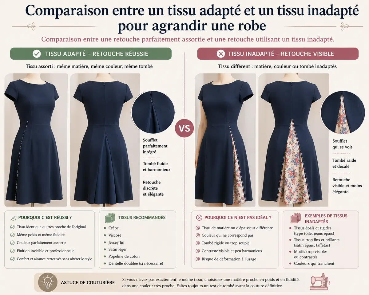 Comparaison entre un tissu adapté et un tissu inadapté pour agrandir une robe