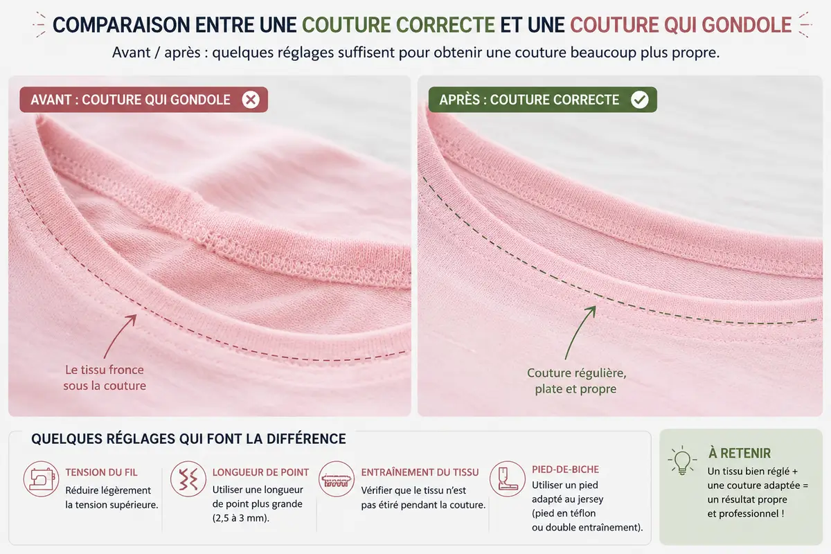 Comparaison entre une couture correcte et une couture qui gondole