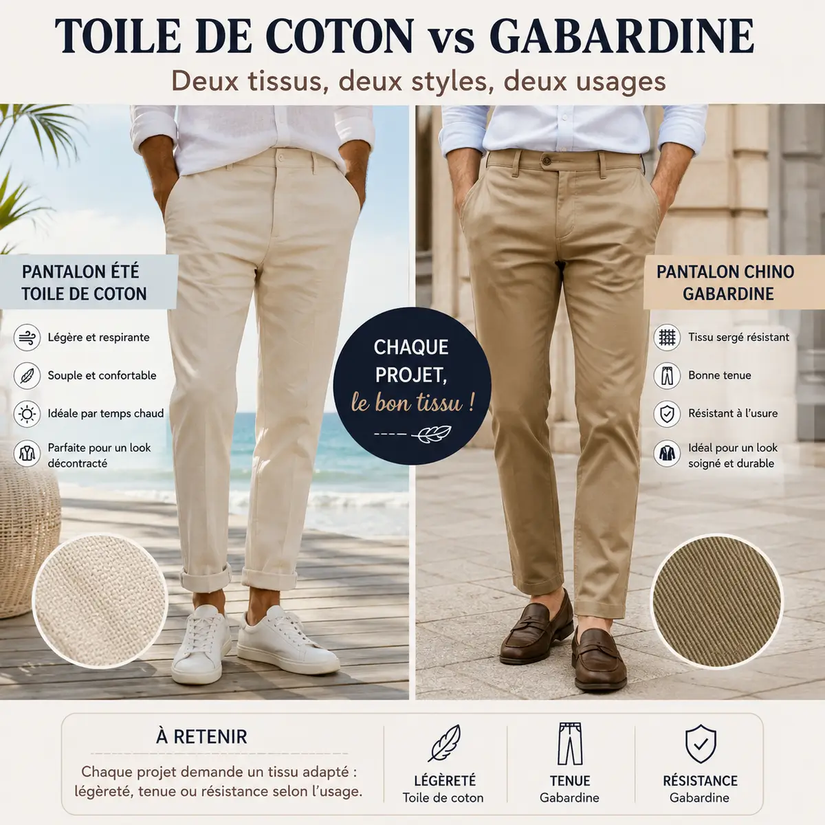 Gabardine ou toile de coton : le meilleur tissu pour coudre un pantalon confortable et durable ? 4 Comparaison pantalon été en toile de coton et pantalon chino en gabardine
