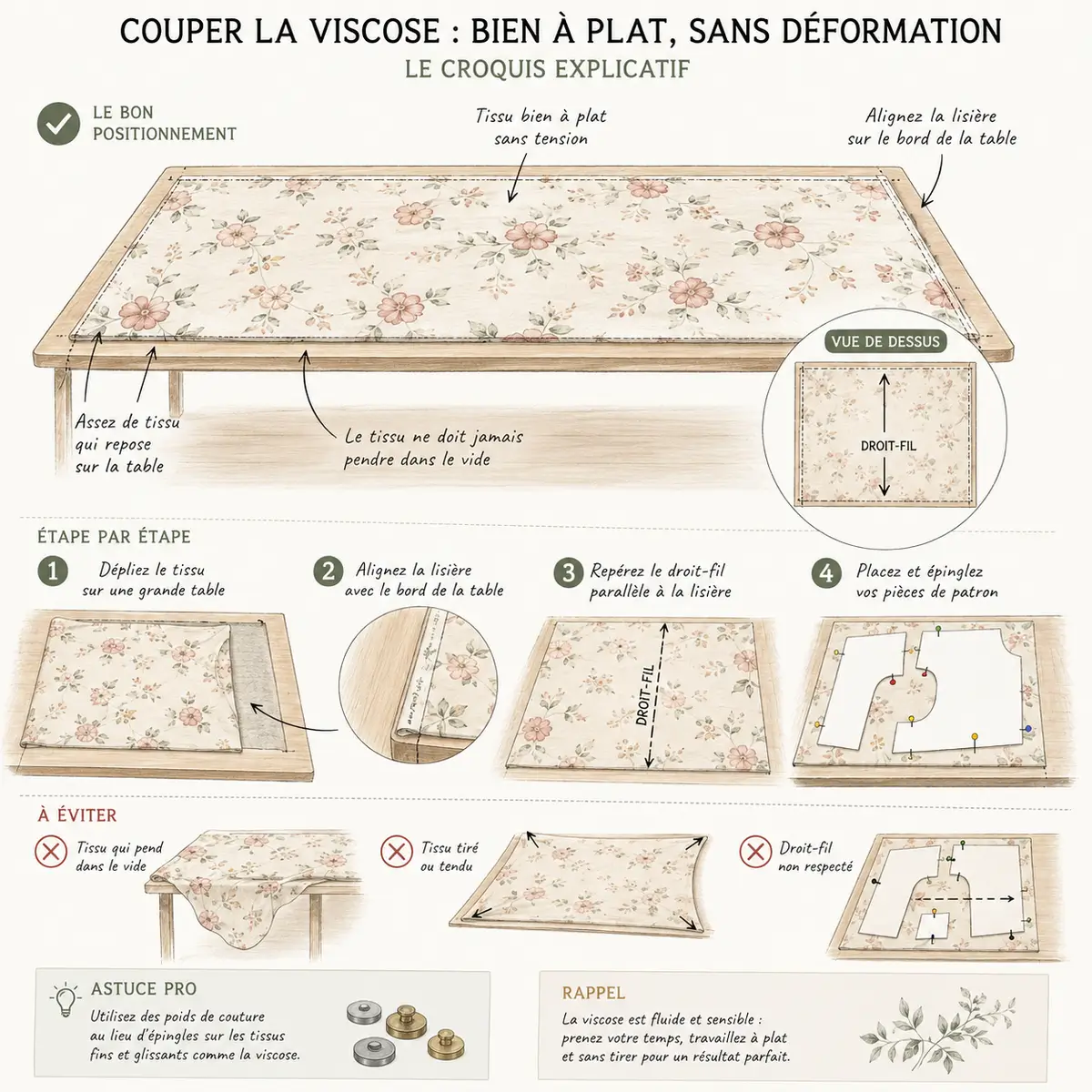 Tissu viscose : le guide complet pour bien le choisir, le coudre et l’entretenir 12 Croquis explicatif pour couper un tissu viscose bien à plat sans déformer les pièces du patron