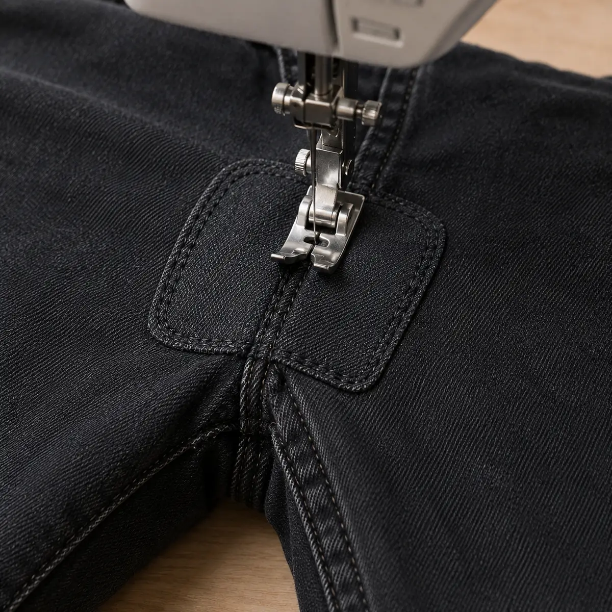 Couture de renfort sur pantalon au niveau de l'entrejambe