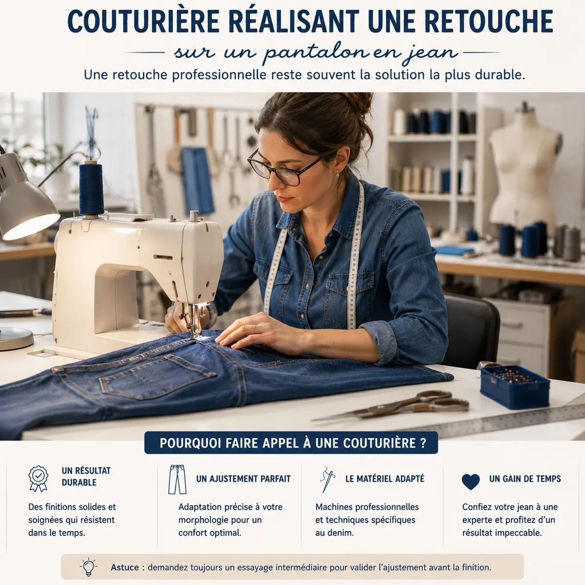 Couturière réalisant une retouche sur un pantalon en jean