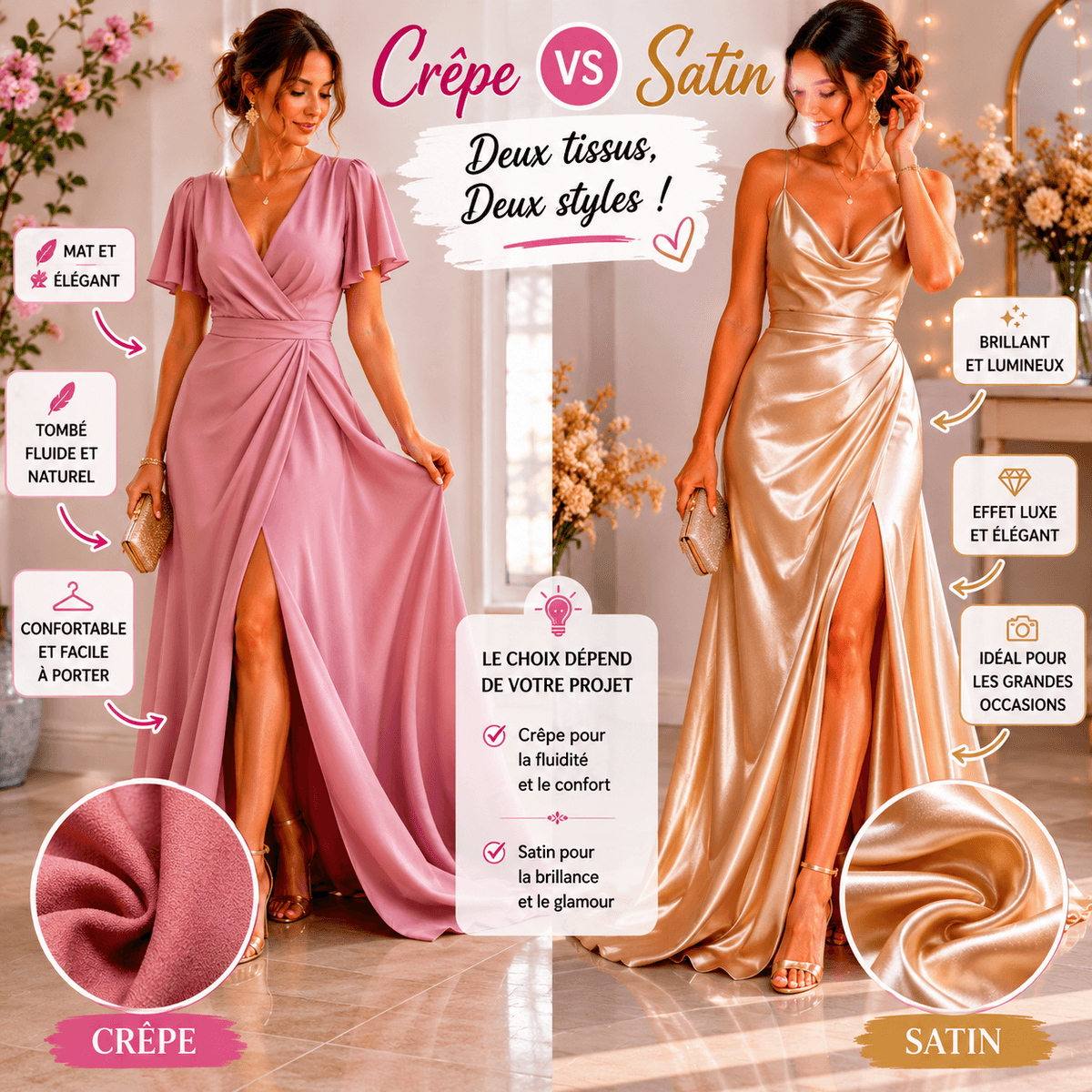 Comparaison robe fluide en crêpe et robe brillante en satin pour cérémonie